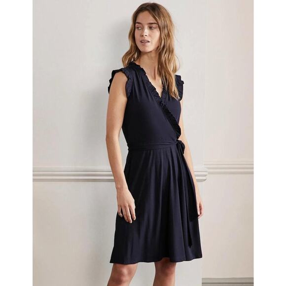 NWT Boden Navy Ruffle Fixed Wrap Jersey Dress Sz US 6 - Picture 1 of 11